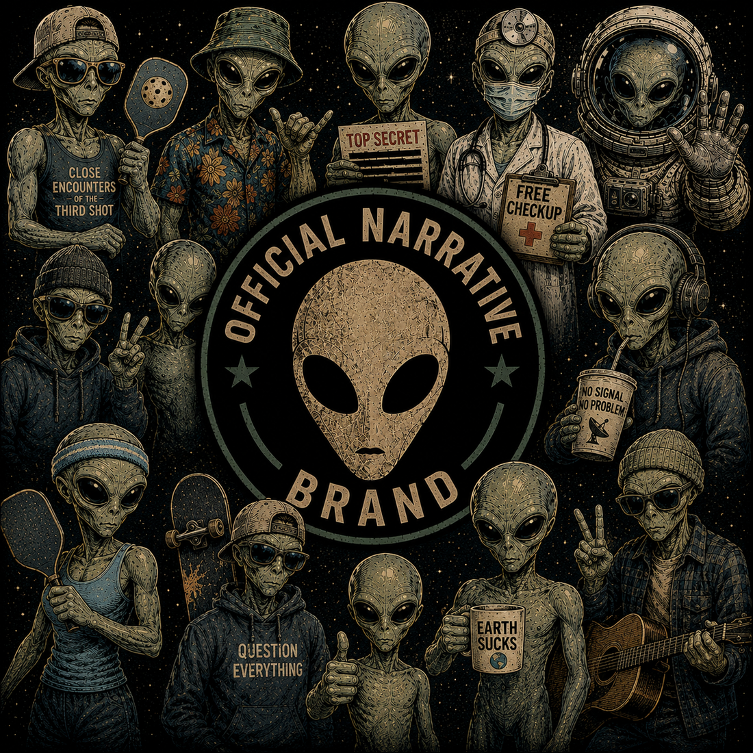 Official Narrative Brand alien collection featuring grey alien characters in humorous UFO, conspiracy, medical, sports and everyday scenes.
