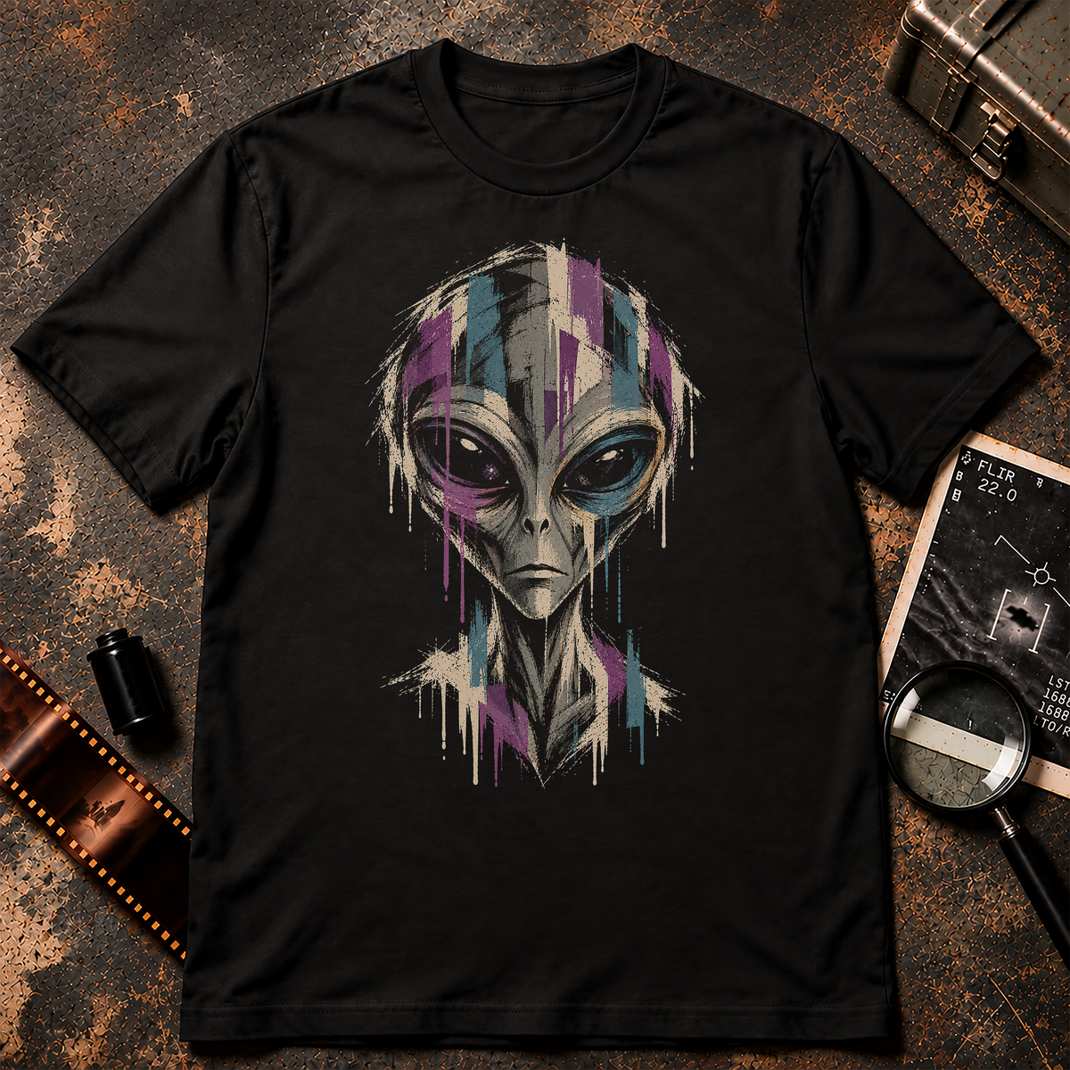 Grunge grey alien portrait with large black eyes, distressed brushwork, paint drips, and muted purple and blue accents on black.