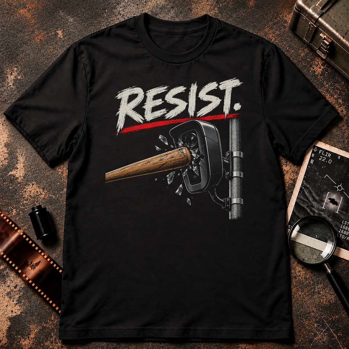 RESIST anti-surveillance shirt design featuring a wooden baseball bat smashing a pole-mounted surveillance camera with cream text and a red underline.