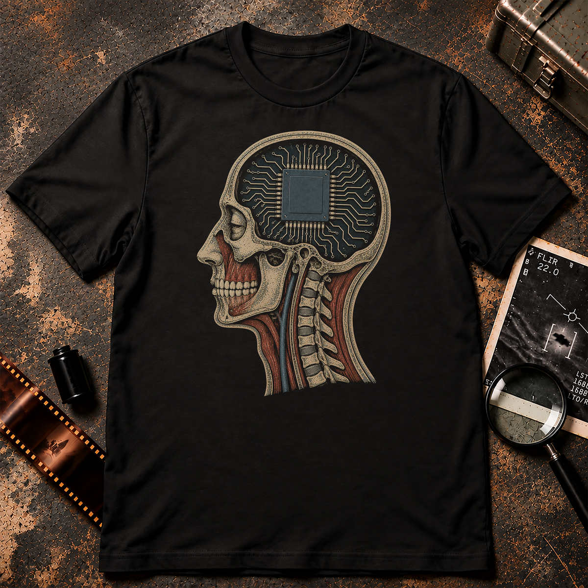 ARTIFICIAL INTELLIGENCE shirt design featuring a vintage anatomical side view of a human head with the skull cut away to reveal a computer processor and circuit board inside the brain.