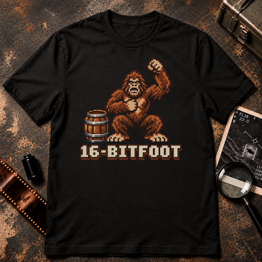 Retro 16-bit pixel art Bigfoot squatting beside a wooden barrel with one fist raised and 16-BITFOOT text below.