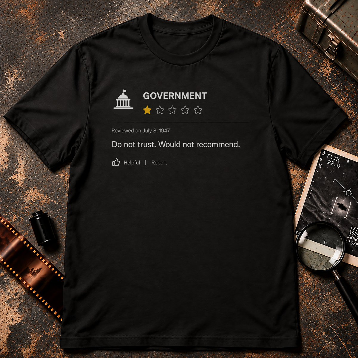 Black graphic styled like an online one-star review for “GOVERNMENT,” with a government building icon, one yellow star out of five, the date July 8, 1947, and the review “Do not trust. Would not recommend.”