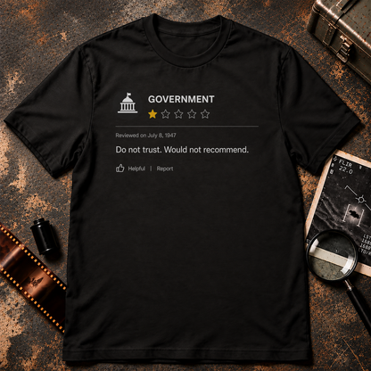 Black graphic styled like an online one-star review for “GOVERNMENT,” with a government building icon, one yellow star out of five, the date July 8, 1947, and the review “Do not trust. Would not recommend.”