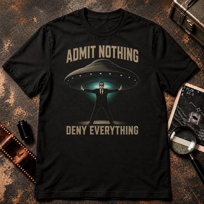 Retro conspiracy graphic showing a government agent in a black suit and sunglasses standing with his arms out beneath a large glowing UFO. Distressed cream text reads “ADMIT NOTHING” above and “DENY EVERYTHING” below on a black background.