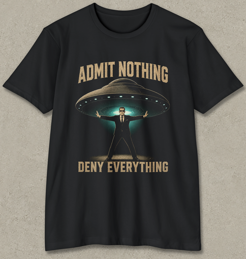 A black short-sleeve crewneck t-shirt with a graphic print featuring a man in a suit under a UFO with the text 'ADMIT NOTHING' and 'DENY EVERYTHING' in a tan font, displayed on a textured gray background.