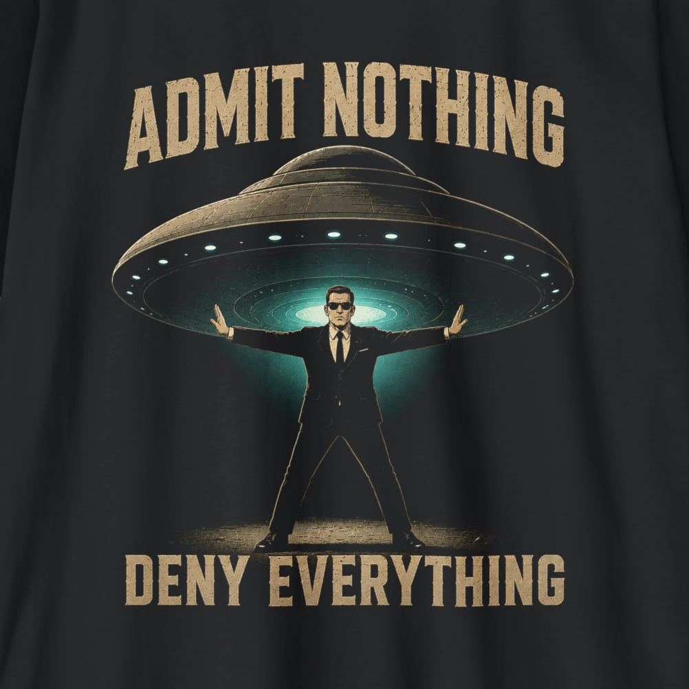 A close-up of a black graphic print featuring a man in a black suit standing in front of a UFO with the text 'ADMIT NOTHING' above and 'DENY EVERYTHING' below in a distressed beige font.