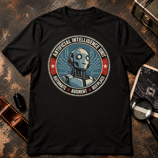 Artificial Intelligence Unit vintage military patch design featuring a retro robot, circuit graphics, and the Automate Augment Replace motto.