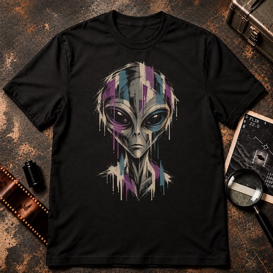 Grunge grey alien portrait with large black eyes, distressed brushwork, paint drips, and muted purple and blue accents on black.