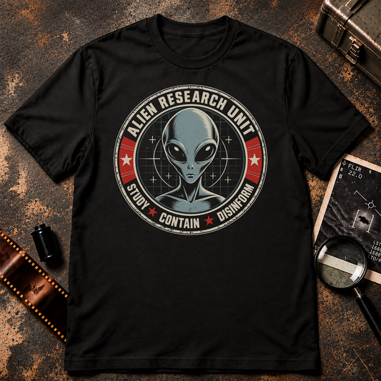 Alien Research Unit vintage military patch design featuring a grey alien with targeting grid and the motto Study Contain Disinform.