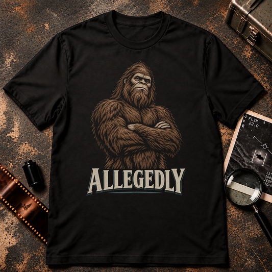 Allegedly Bigfoot T Shirt graphic with arms-crossed Sasquatch in a vintage retro illustration style