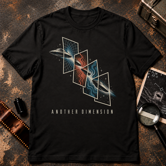 Another Dimension Shirt with retro UFO flying through overlapping dimensional portals