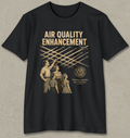 A black short-sleeve crewneck t-shirt with a vintage-style graphic print in tan. The graphic features the text 'AIR QUALITY ENHANCEMENT' above an illustration of people looking up at airplane contrails, with a circular seal and the text 'Working together for clean air'.