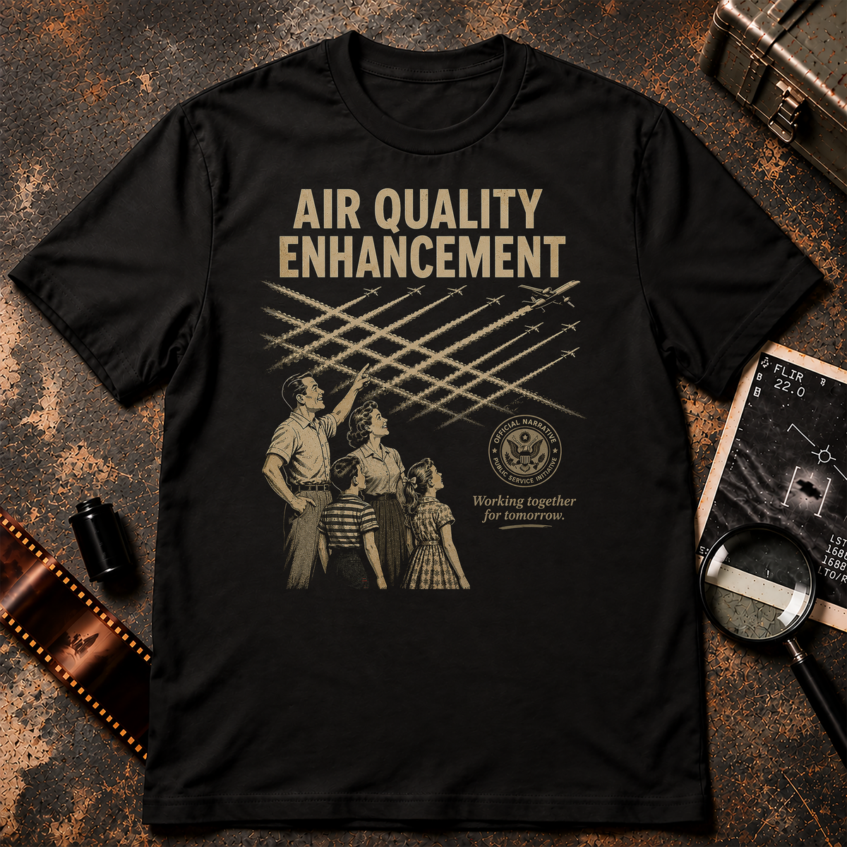 Satirical retro propaganda graphic featuring a smiling family looking up at numerous airplanes leaving intersecting trails across the sky. Large cream text reads “AIR QUALITY ENHANCEMENT,” with an Official Narrative Public Service Initiative seal and the phrase “Working together for tomorrow.”