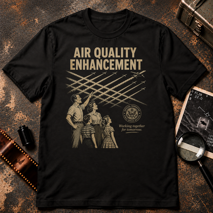 Satirical retro propaganda graphic featuring a smiling family looking up at numerous airplanes leaving intersecting trails across the sky. Large cream text reads “AIR QUALITY ENHANCEMENT,” with an Official Narrative Public Service Initiative seal and the phrase “Working together for tomorrow.”