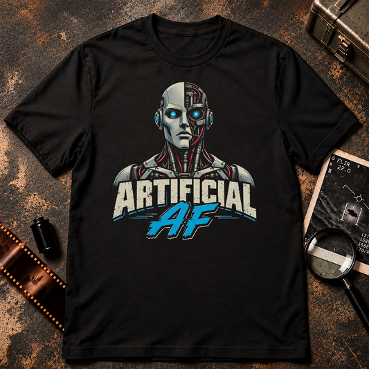 Artificial AF Shirt graphic featuring a futuristic cyborg robot with exposed machinery, glowing eyes, and bold Artificial AF text