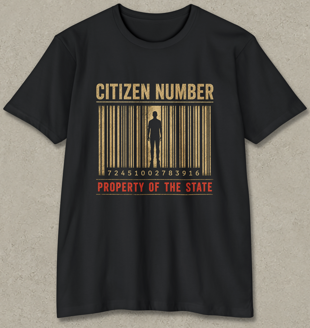 A black short-sleeve crewneck t-shirt with a graphic print on the front. The graphic features a stylized barcode in gold and brown tones with a dark silhouette of a person inside, accompanied by the text 'CITIZEN NUMBER' in gold and 'PROPERTY OF THE STATE' in red.