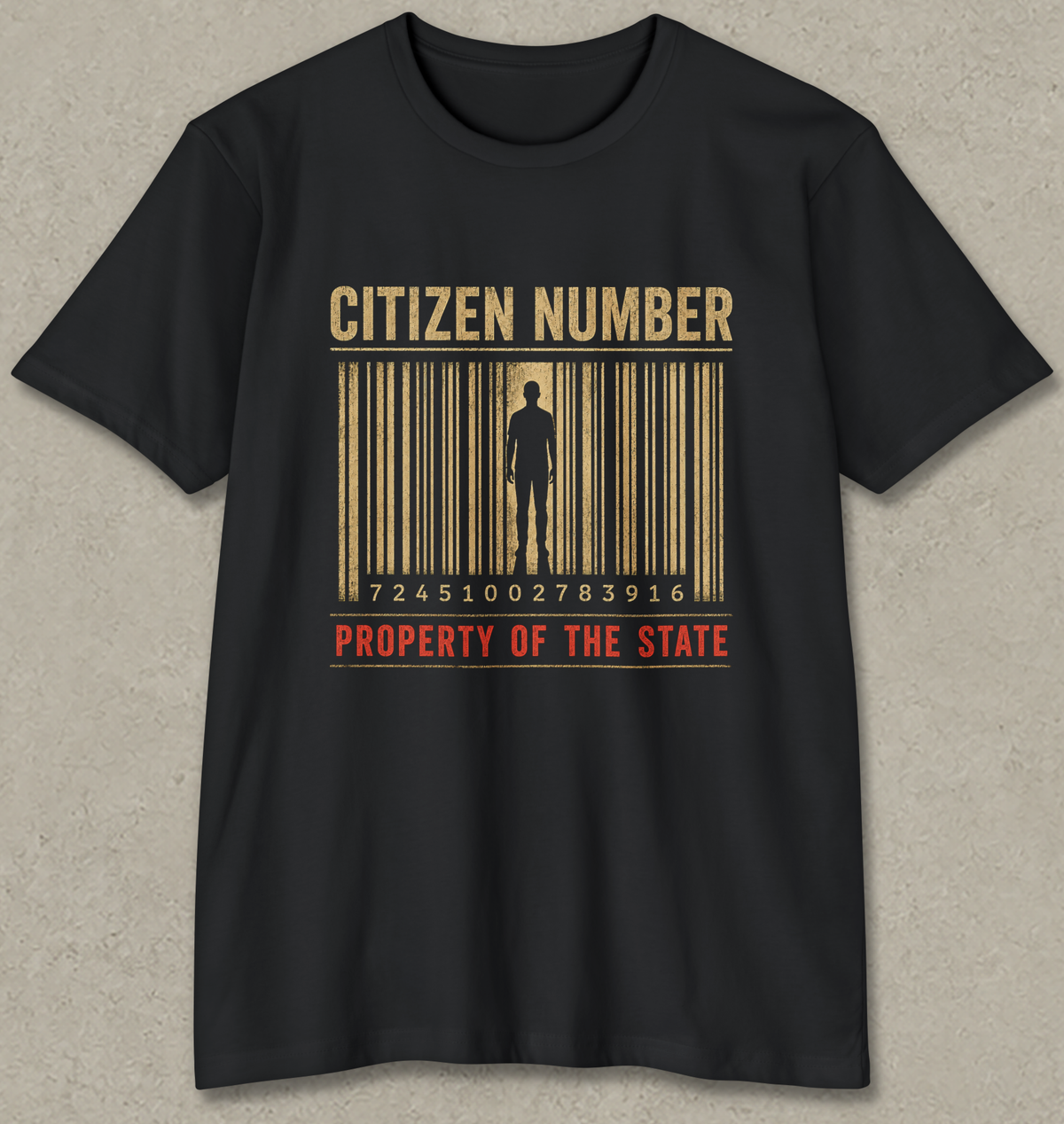 A black short-sleeve crewneck t-shirt with a graphic print on the front. The graphic features a stylized barcode in gold and brown tones with a dark silhouette of a person inside, accompanied by the text 'CITIZEN NUMBER' in gold and 'PROPERTY OF THE STATE' in red.