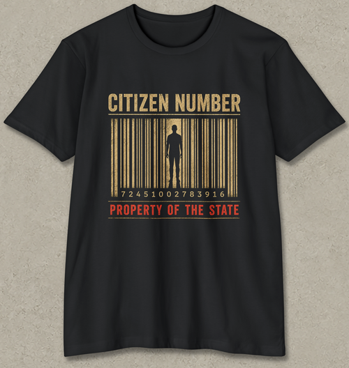 A black short-sleeve crewneck t-shirt with a graphic print on the front. The graphic features a stylized barcode in gold and brown tones with a dark silhouette of a person inside, accompanied by the text 'CITIZEN NUMBER' in gold and 'PROPERTY OF THE STATE' in red.
