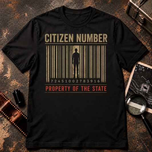 Dystopian graphic featuring a black human silhouette incorporated into a large cream-colored barcode with a numerical code underneath. Distressed text reads “CITIZEN NUMBER” above and “PROPERTY OF THE STATE” in red below, all against a black background.