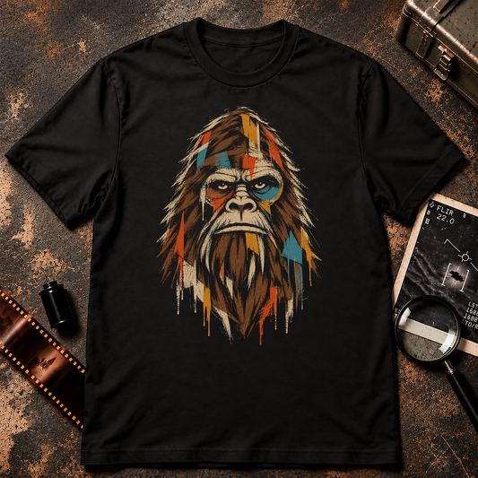 Abstract Bigfoot portrait with distressed brushwork, paint drips, and geometric orange, blue, gold, cream, and brown accents on black.