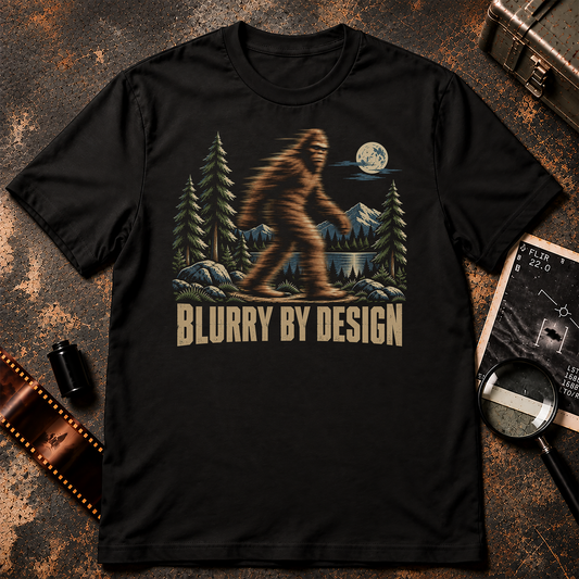 Motion-blurred Bigfoot walking through a crisp mountain forest and lake landscape above the words BLURRY BY DESIGN.
