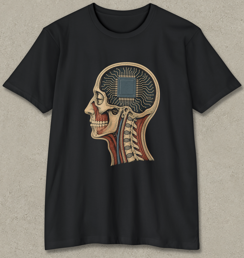 A black short-sleeve crewneck t-shirt featuring a detailed graphic of a human skull in profile with anatomical muscle and bone details, and a circuit board chip design inside the head, displayed against a textured light gray background.