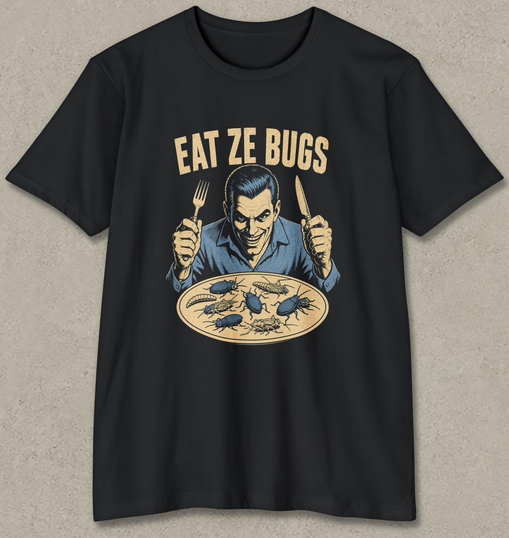 A black short-sleeve graphic t-shirt featuring a retro-style illustration of a man holding a fork and knife over a plate of bugs, with the text 'EAT ZE BUGS' printed above. The t-shirt is displayed flat against a textured gray background.
