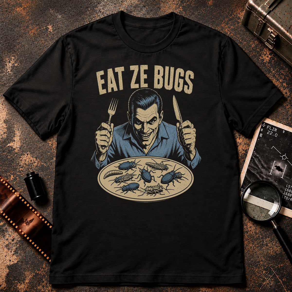 Satirical conspiracy graphic featuring a sinister smiling man holding a fork and knife over a plate filled with beetles, crickets, larvae, and other insects. Large distressed cream text above him reads “EAT ZE BUGS” against a black background.