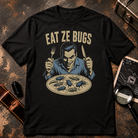Satirical conspiracy graphic featuring a sinister smiling man holding a fork and knife over a plate filled with beetles, crickets, larvae, and other insects. Large distressed cream text above him reads “EAT ZE BUGS” against a black background.