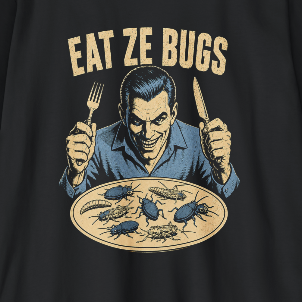 Close-up of a black graphic t-shirt featuring a vintage-style illustration of a man holding a fork and knife over a plate of bugs, with the text 'EAT ZE BUGS' printed above.