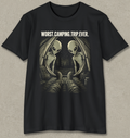 A black short-sleeve crewneck t-shirt with a graphic print of two alien figures sitting in a car, with the text 'WORST. CAMPING.