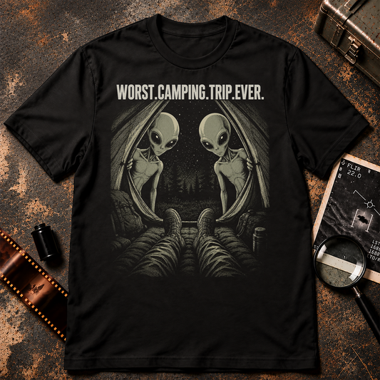 A black short-sleeve crewneck t-shirt with a graphic print of two alien figures looking into a tent, with the text 'WORST. CAMPING.