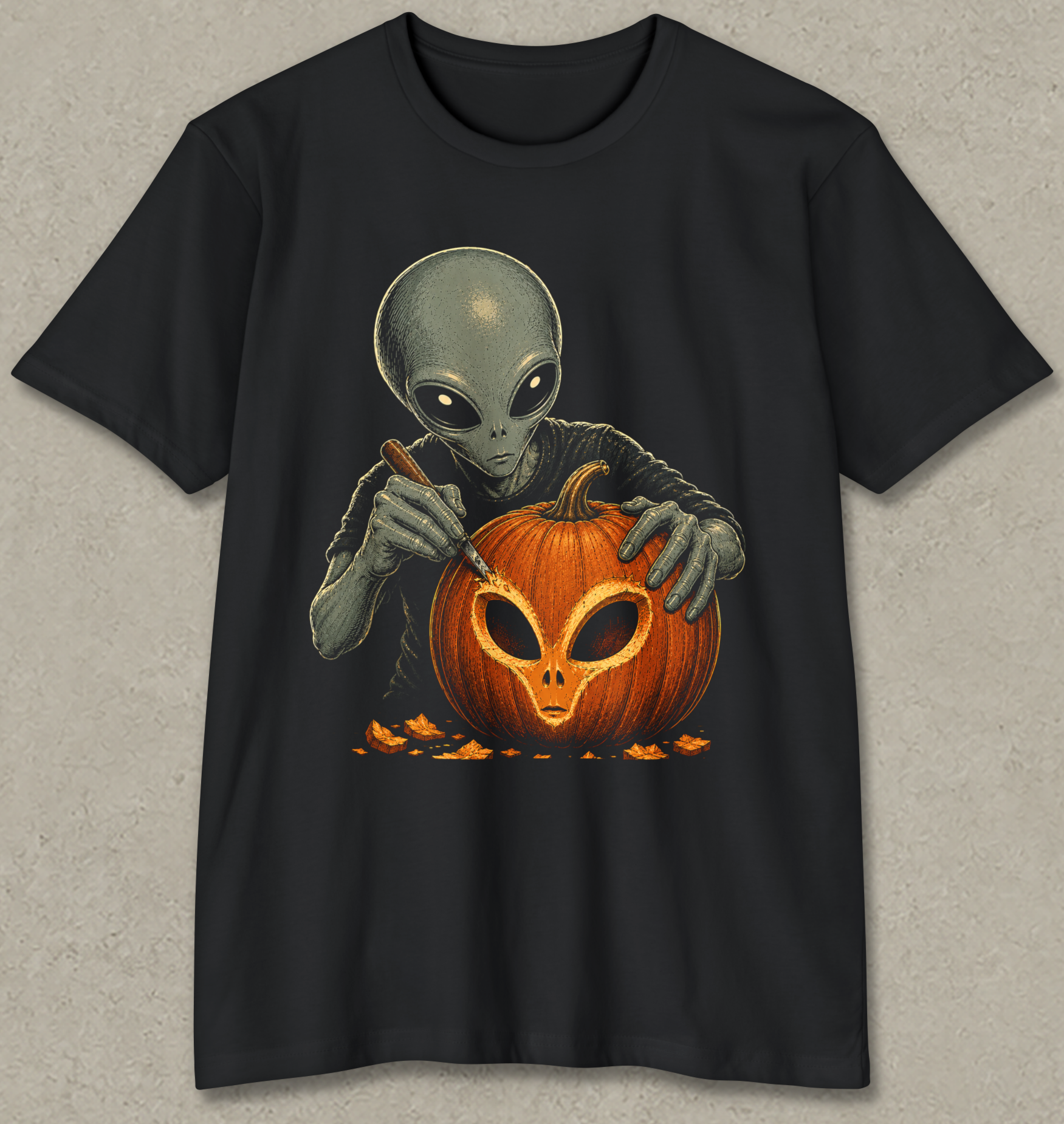 A black short-sleeve crewneck t-shirt featuring a graphic print of a gray alien carving a glowing orange jack-o'-lantern pumpkin, displayed against a textured gray background.