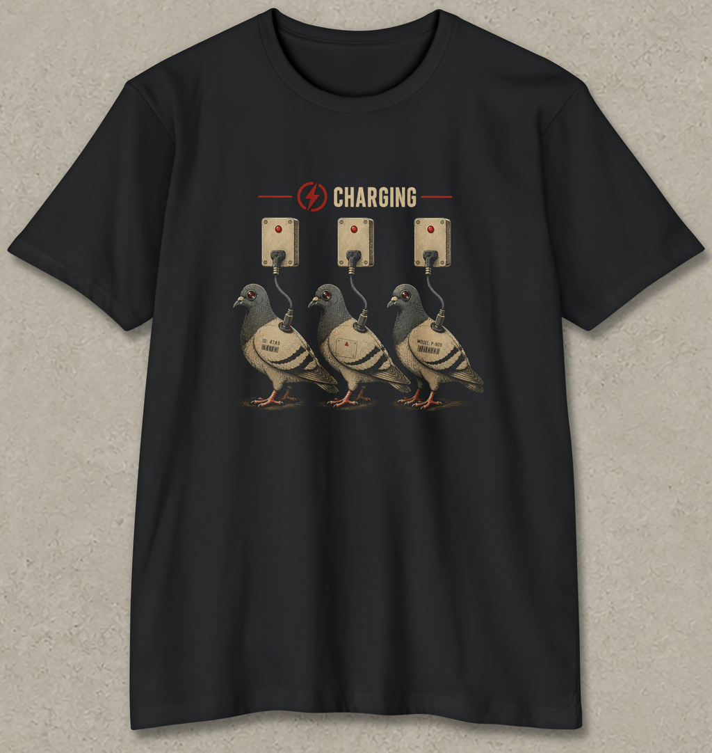 A black short-sleeve crewneck t-shirt with a graphic print of three pigeons charging at wall outlets, displayed flat against a textured gray background.