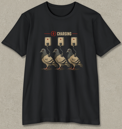 A black short-sleeve crewneck t-shirt with a graphic print of three pigeons charging at wall outlets, displayed flat against a textured gray background.