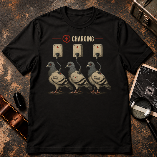 CHARGING shirt design featuring three robotic surveillance pigeons plugged into charging stations with glowing red camera eyes.