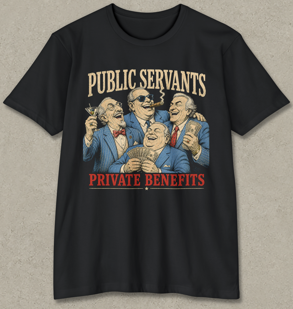 A black short-sleeve t-shirt with a graphic print featuring four cartoon men in suits laughing and holding money and drinks, with the text 'PUBLIC SERVANTS' in beige above and 'PRIVATE BENEFITS' in red below, displayed on a textured gray background.