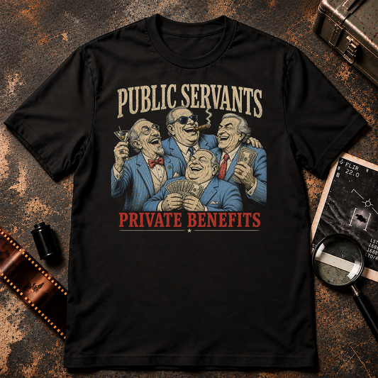PUBLIC SERVANTS PRIVATE BENEFITS shirt design featuring four wealthy government insiders laughing with cigars, cocktails, and cash in a satirical retro illustration.