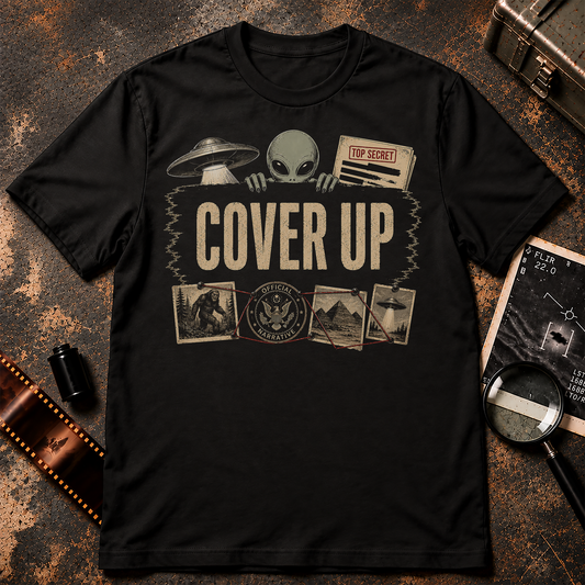 A black short-sleeve crewneck t-shirt with a vintage-style graphic on the front featuring a green alien, a UFO, a 'TOP SECRET' document, and the words 'COVER UP' in beige, displayed against a textured gray background.