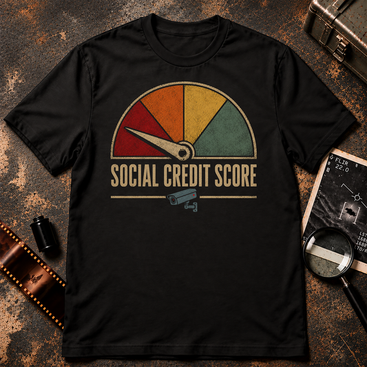SOCIAL CREDIT SCORE shirt design featuring a retro color-coded rating gauge with the needle in the red zone and a surveillance camera below.