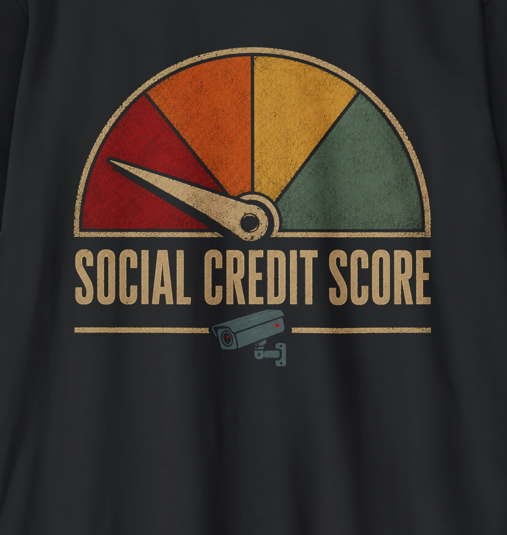 A black short-sleeve t-shirt with a retro-style graphic of a speedometer labeled 'SOCIAL CREDIT SCORE' in muted red, orange, yellow, and green segments, with a small security camera icon below, displayed against a textured light gray background.