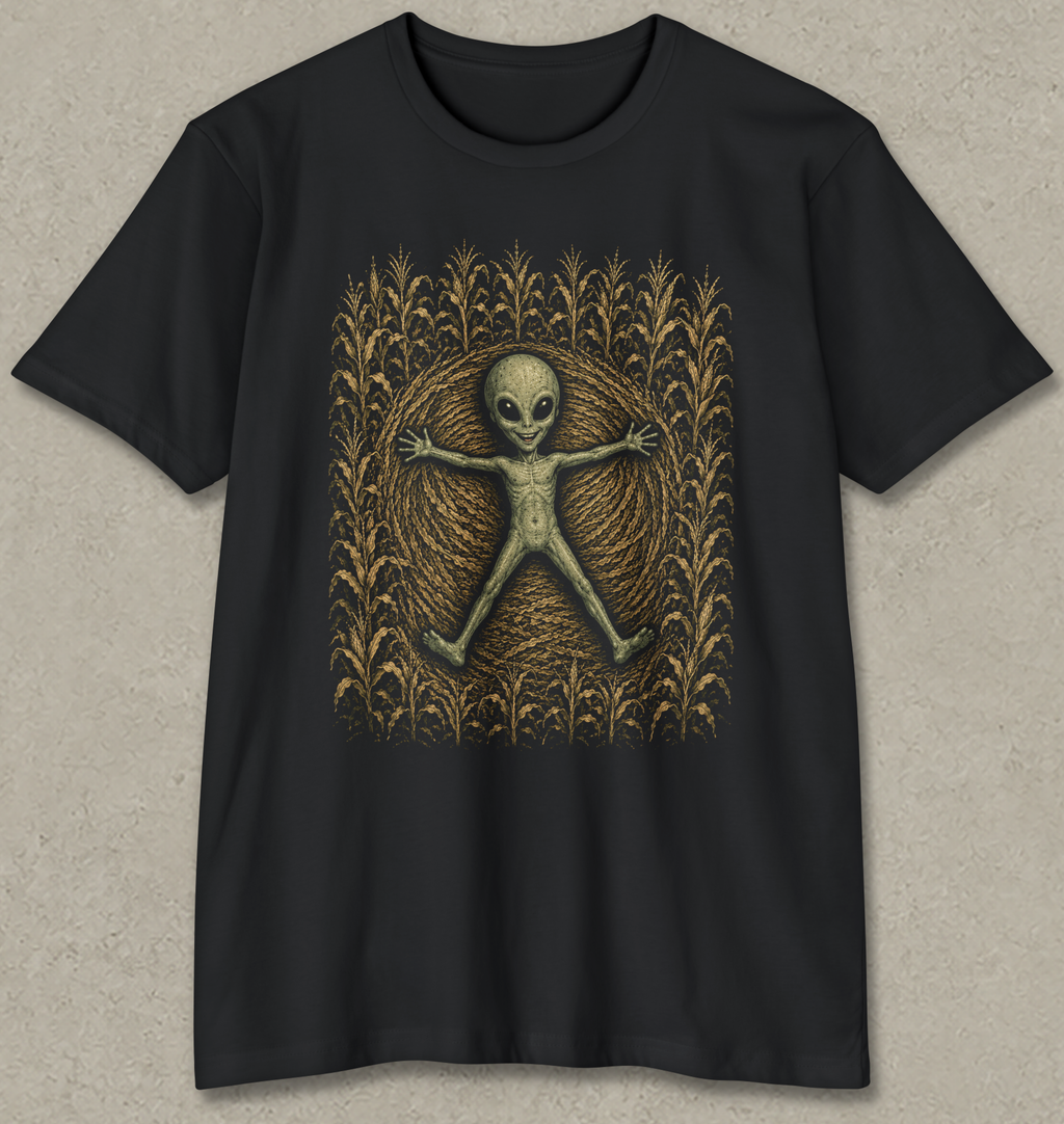 A black short-sleeve crewneck t-shirt featuring a graphic print of a small alien figure surrounded by a circular pattern of golden-yellow weed-like leaves, displayed flat against a textured light gray background.