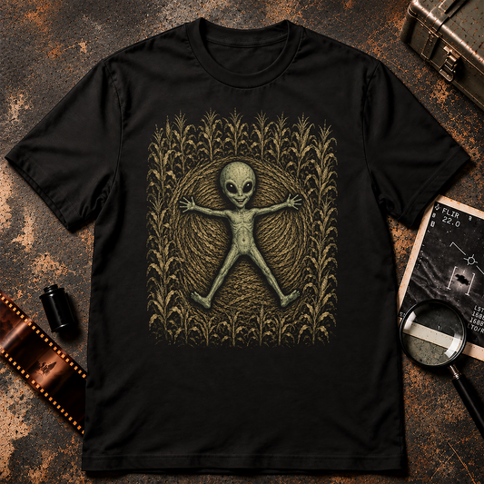A black short-sleeve crewneck t-shirt featuring a graphic print of a small alien figure surrounded by a circular pattern of golden-yellow weed-like leaves, displayed flat against a textured light gray background.
