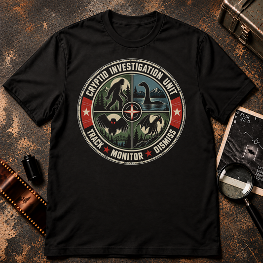 Cryptid Investigation Unit vintage military patch featuring Bigfoot, Nessie, Mothman, and the Jersey Devil with Track Monitor Dismiss motto.