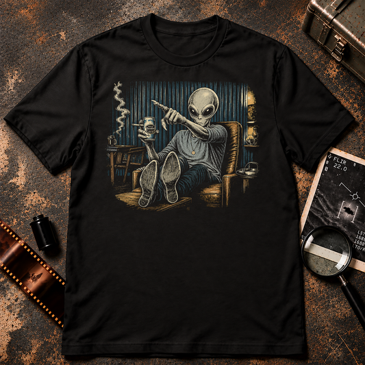 Retro sci-fi grey alien relaxing in an armchair with his feet up, holding a can of Official Narrative Pale Ale and pointing while surrounded by vintage room decor.