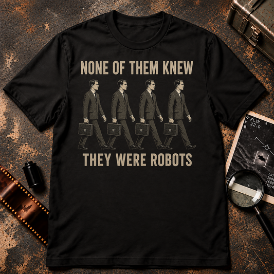 NONE OF THEM KNEW THEY WERE ROBOTS shirt design featuring four nearly identical businessmen in suits carrying briefcases beneath retro cream typography on a black background.