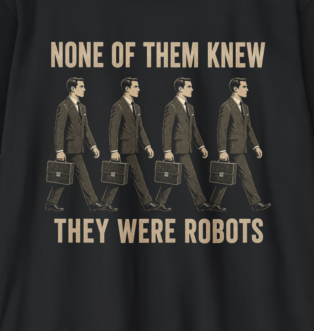 A black short-sleeve crewneck t-shirt with a graphic print of five walking robot figures in suits carrying briefcases, captioned with the text 'NONE OF THEM KNEW THEY WERE ROBOTS' in beige, displayed on a textured gray background.
