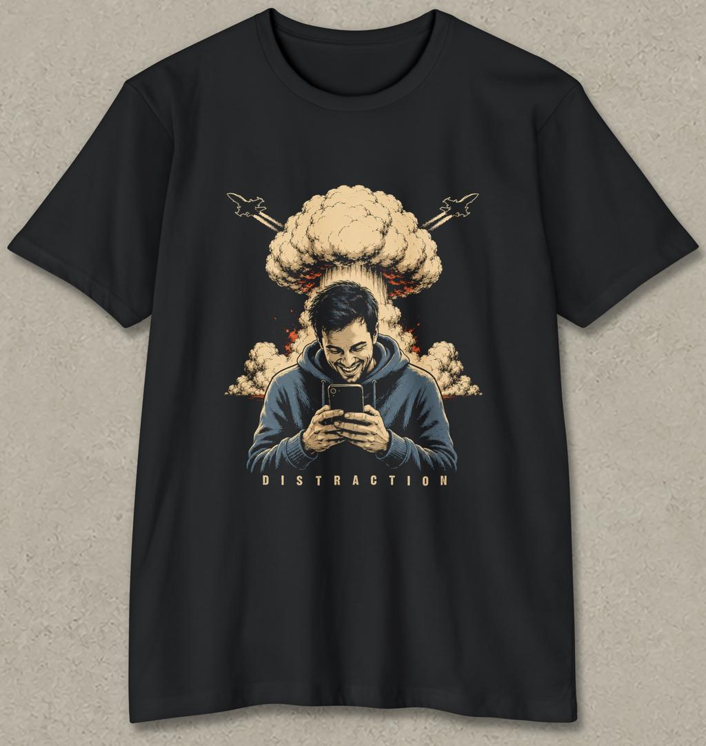 A black short-sleeve crewneck t-shirt with a graphic print of a man looking at his phone, surrounded by a mushroom cloud and jets, with the word 'DISTRACTION' printed below.