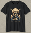 A black short-sleeve crewneck t-shirt with a graphic print of a man looking at his phone, surrounded by a mushroom cloud and jets, with the word 'DISTRACTION' printed below.