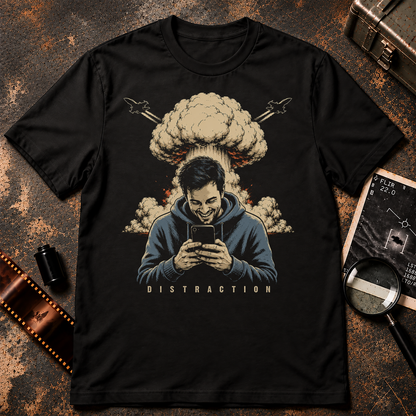 DISTRACTION graphic showing a man smiling at his smartphone while a mushroom cloud rises and fighter jets fly overhead on a black background.